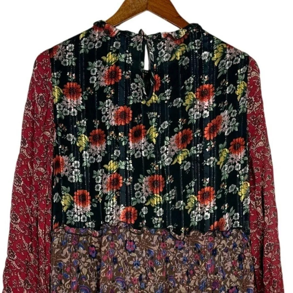 Zara Floral Patchwork Tiered Pompom Semi Sheer Peasant Mini Dress M Black Red - Image 7