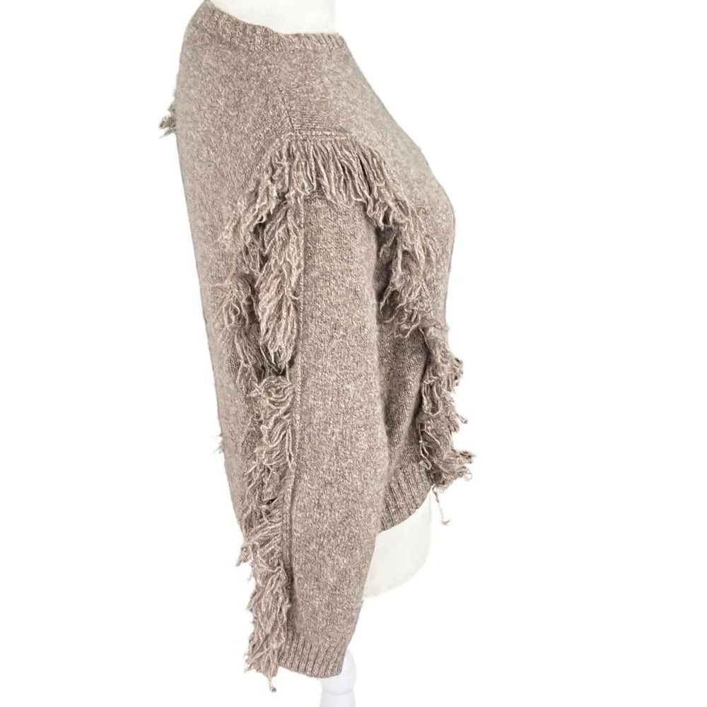 AQUA 100% 2-Ply Cashmere Fringe Crew Neck Sweater Size XS Taupe - Image 5