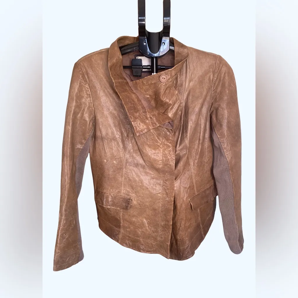 Q40 Asymmetrical Leather Textile Motto Jacket Brown Women Large, Cotton Lining - Image 2