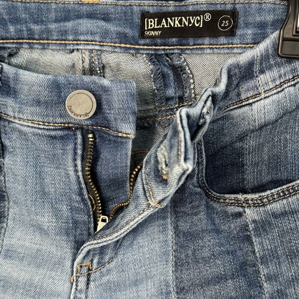 Blank NYC SZ 25 High & Low Skinny Crop Jeans Patchwork Zip-Fly Frayed Step Hem - Image 10