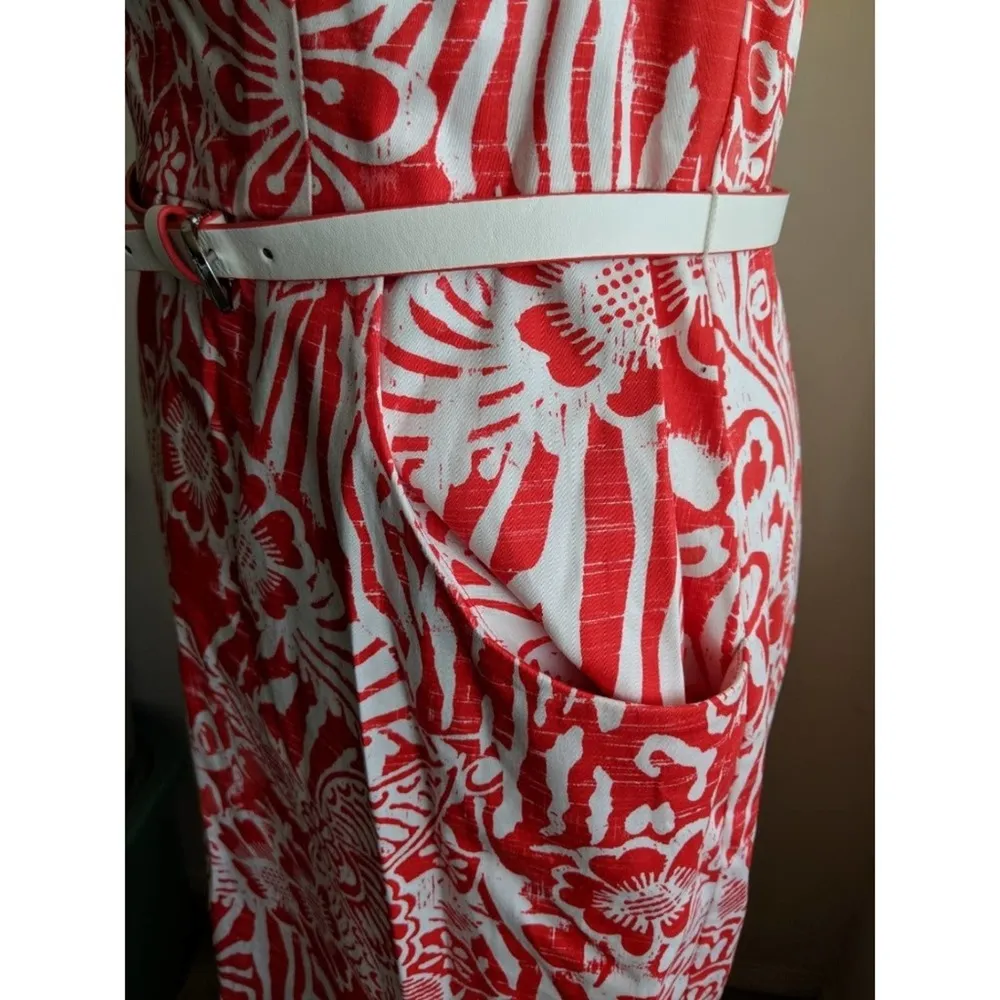 Nine West Printed Sheath Dress Floral Red White Pockets Belt 8 - Image 5