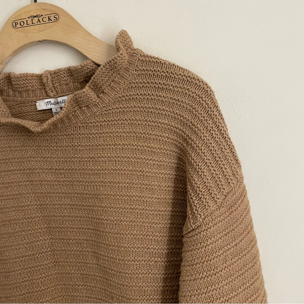 Madewell Merino Wool Blend Textured Knit Ruffle Sweater Camel Brown Size S - Image 6