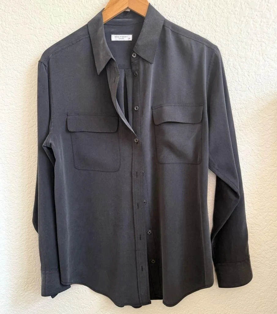Equipment Femme Signature Silk Long Sleeve Collar Shirt 100% Silk S Black / Gray - Image 3
