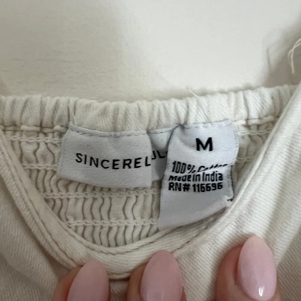 Sincerely Jules 100% Cotton White Romper Skort Dress Smocked Back Tie Waist Sz M - Image 8