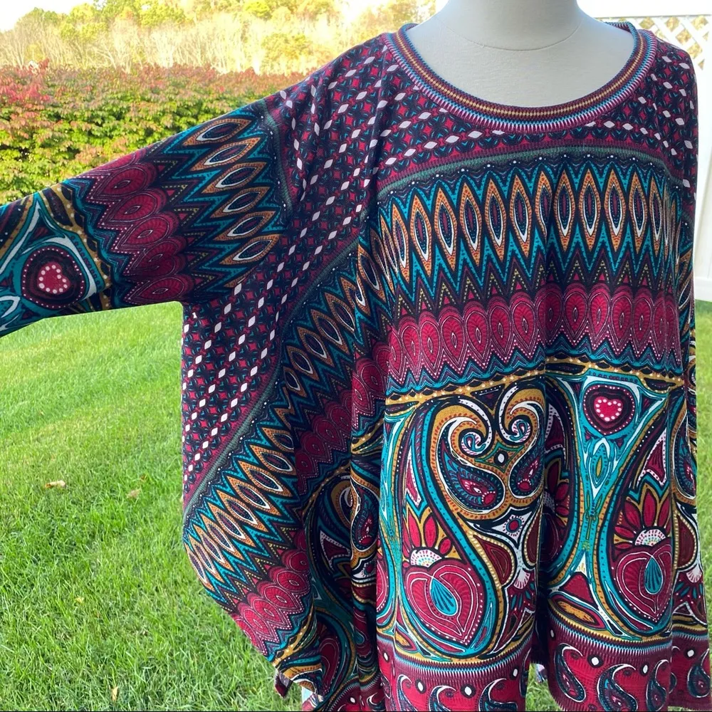 West Kei Multi-Color Poncho Style Paisley Boho Sweater - Image 7