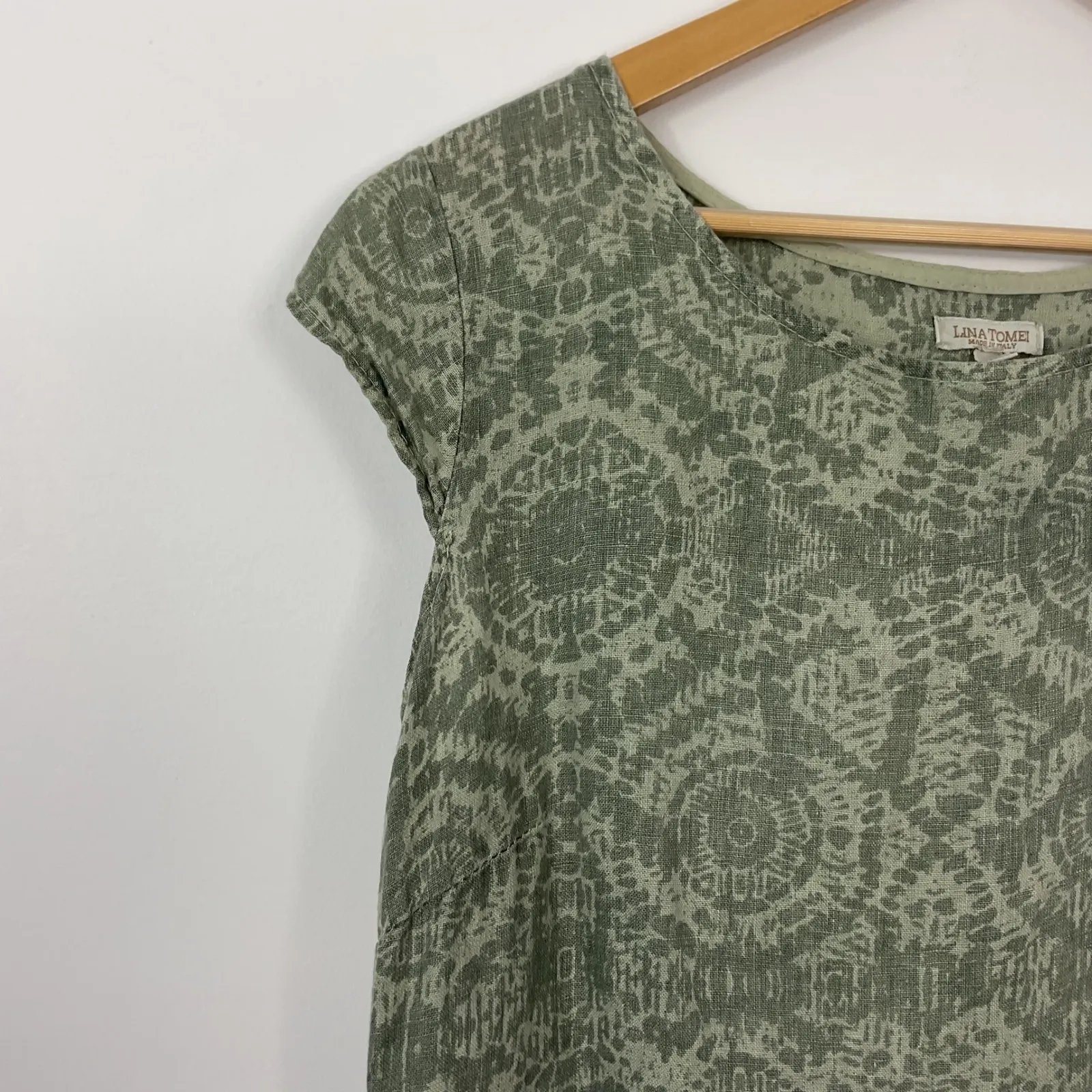Lina Tomei Linen Blend Shift Dress Olive Green Abstract Print Cap Sleeve XL - Image 2