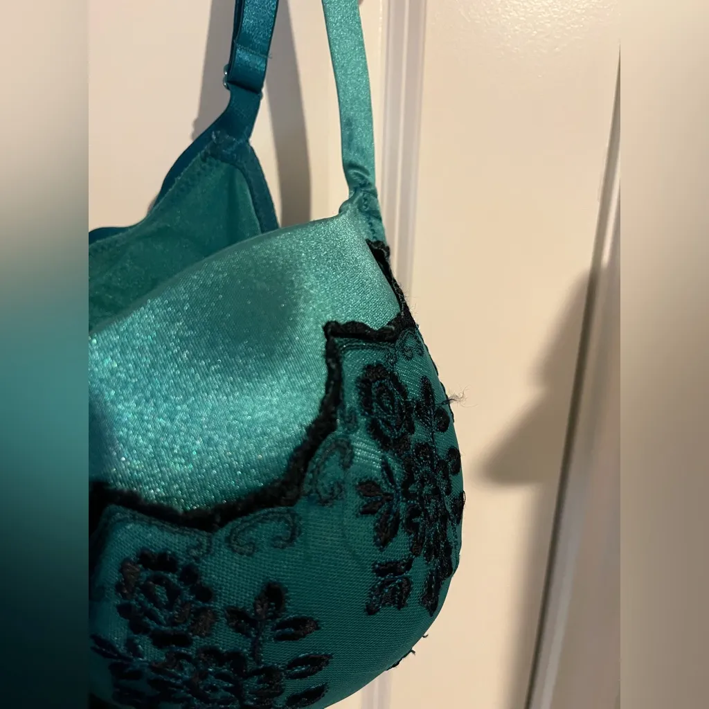 Fashion Bug Full Coverage Lined Underwire Embroidery Teal Satin Lace 44DD Bra - Image 12