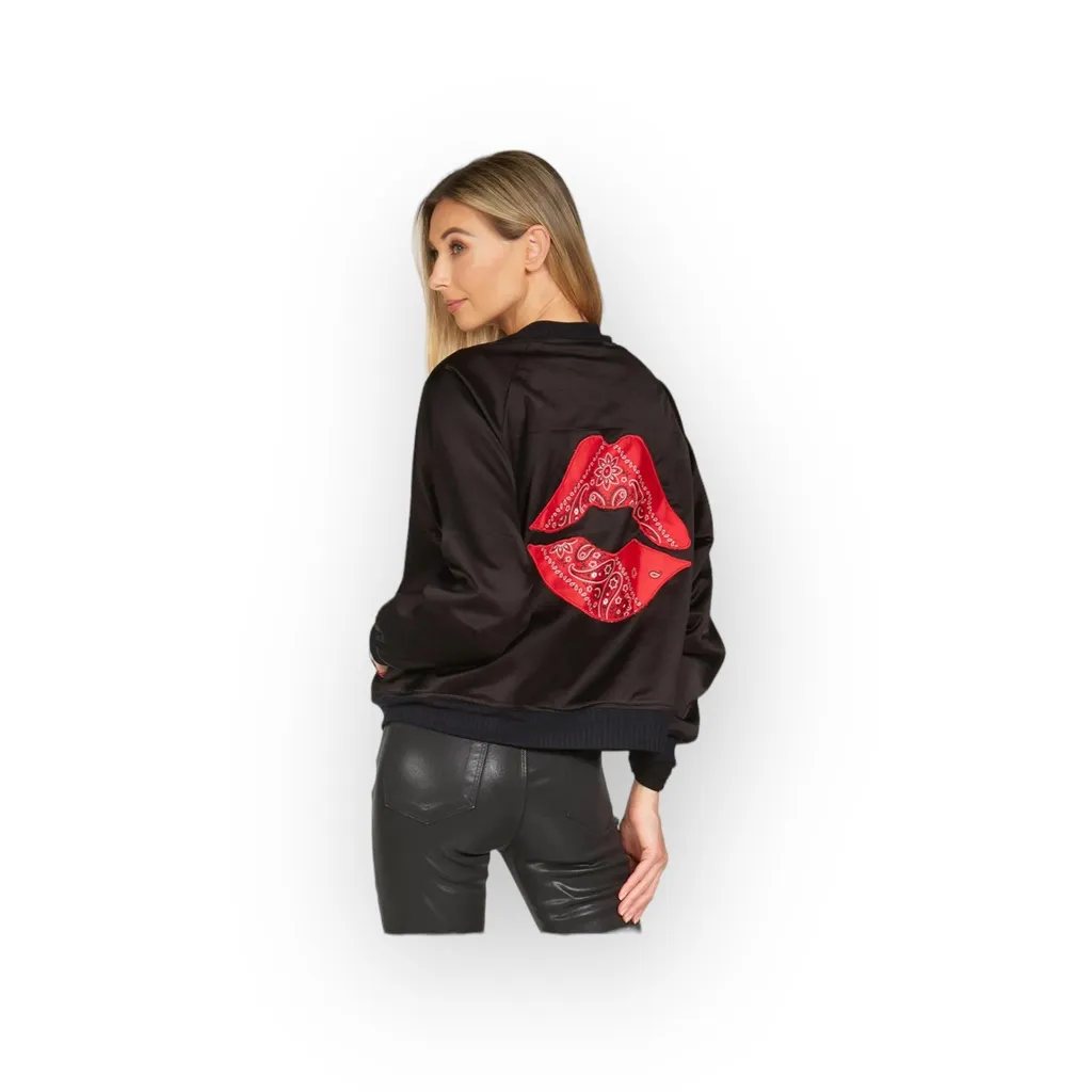HTF: new Lauren Moshi ᨎ Trishelle Bandana Lip Satin Bomber Jacket ᨎ Black Large - Image 2