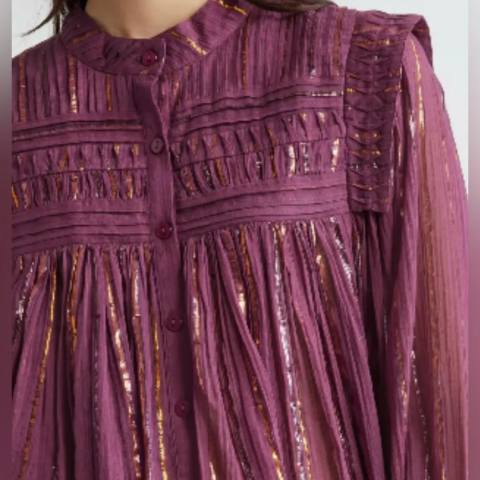 Farm Rio Burgundy Pleated Yoke Metallic Stripe Long Sleeve Button Blouse XS - Image 2