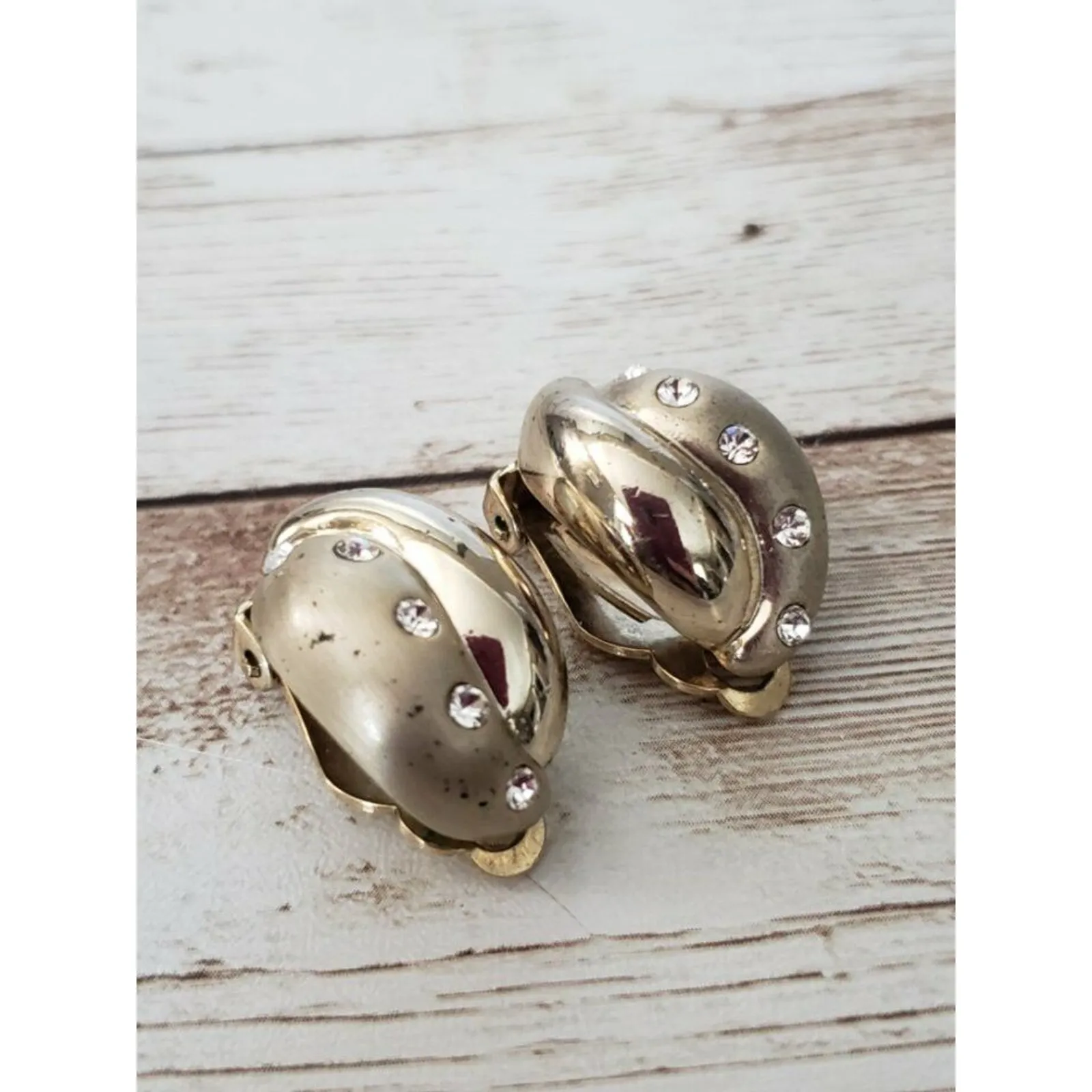 Vintage Clip On Earrings Matte Gold Tone & Mirrored Gold Tone with Clear Gems - Image 2