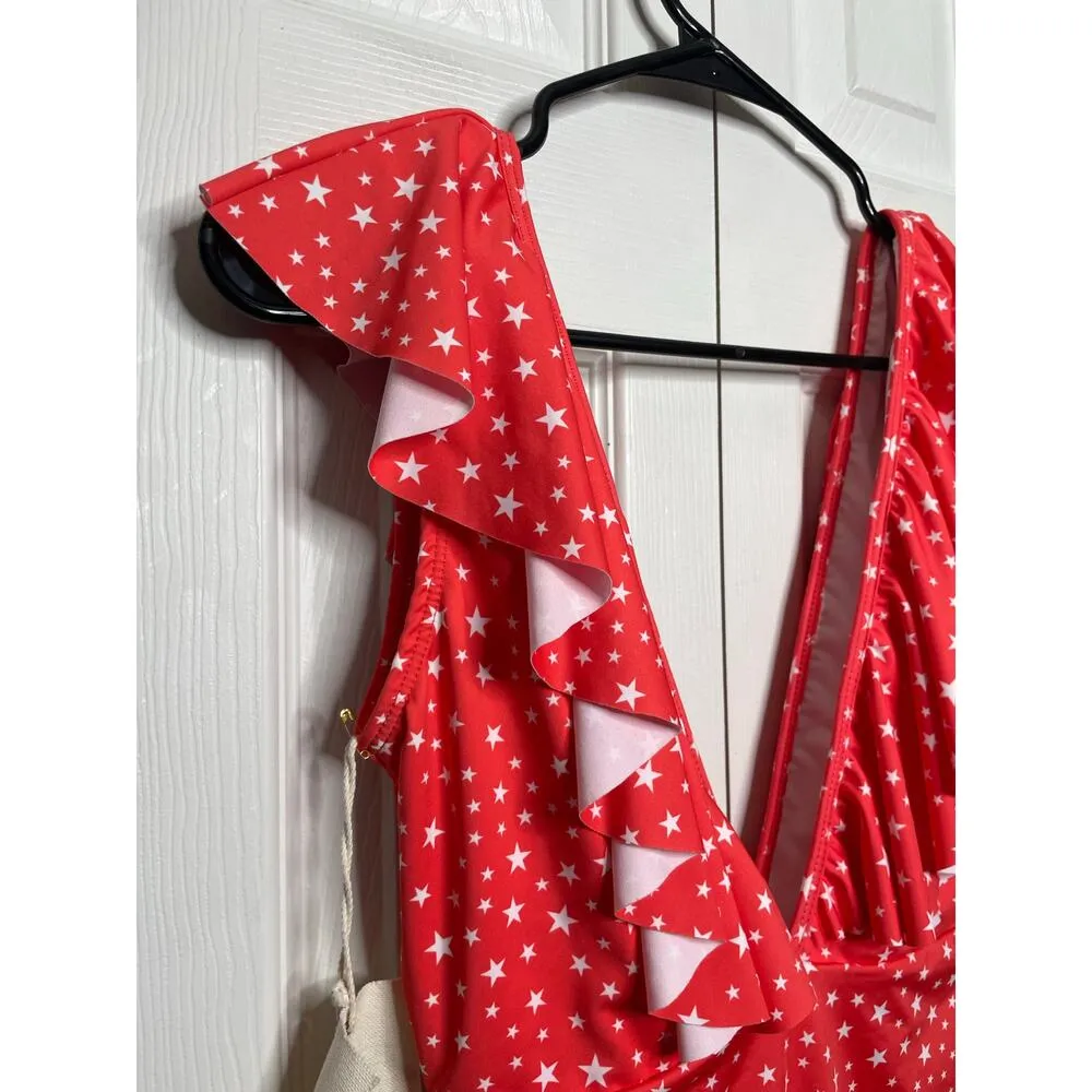 NEW VerdeLimon Swimwear One Piece Swimsuit Size Small Stars Ruffles Red - Image 3