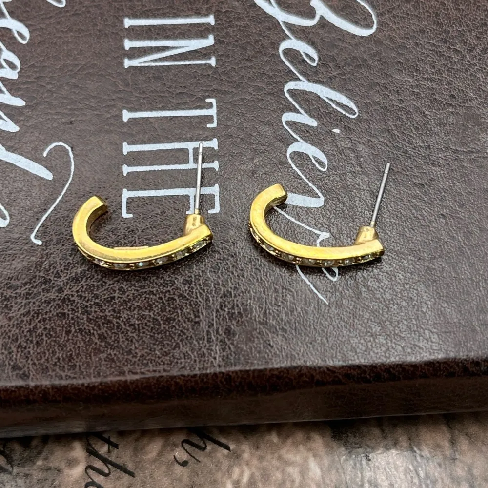 Vintage Roman Gold Tone Crystal Rhinestone Half Hoop Pave Stud Post Earrings - Image 9