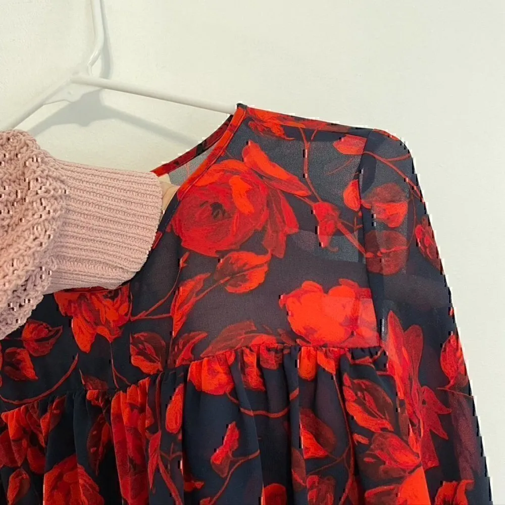 A NEW DAY Tiered Floral Blouse Navy Blue Red 3/4 Bell Sleeve Sheer / Lined Boho - Image 6