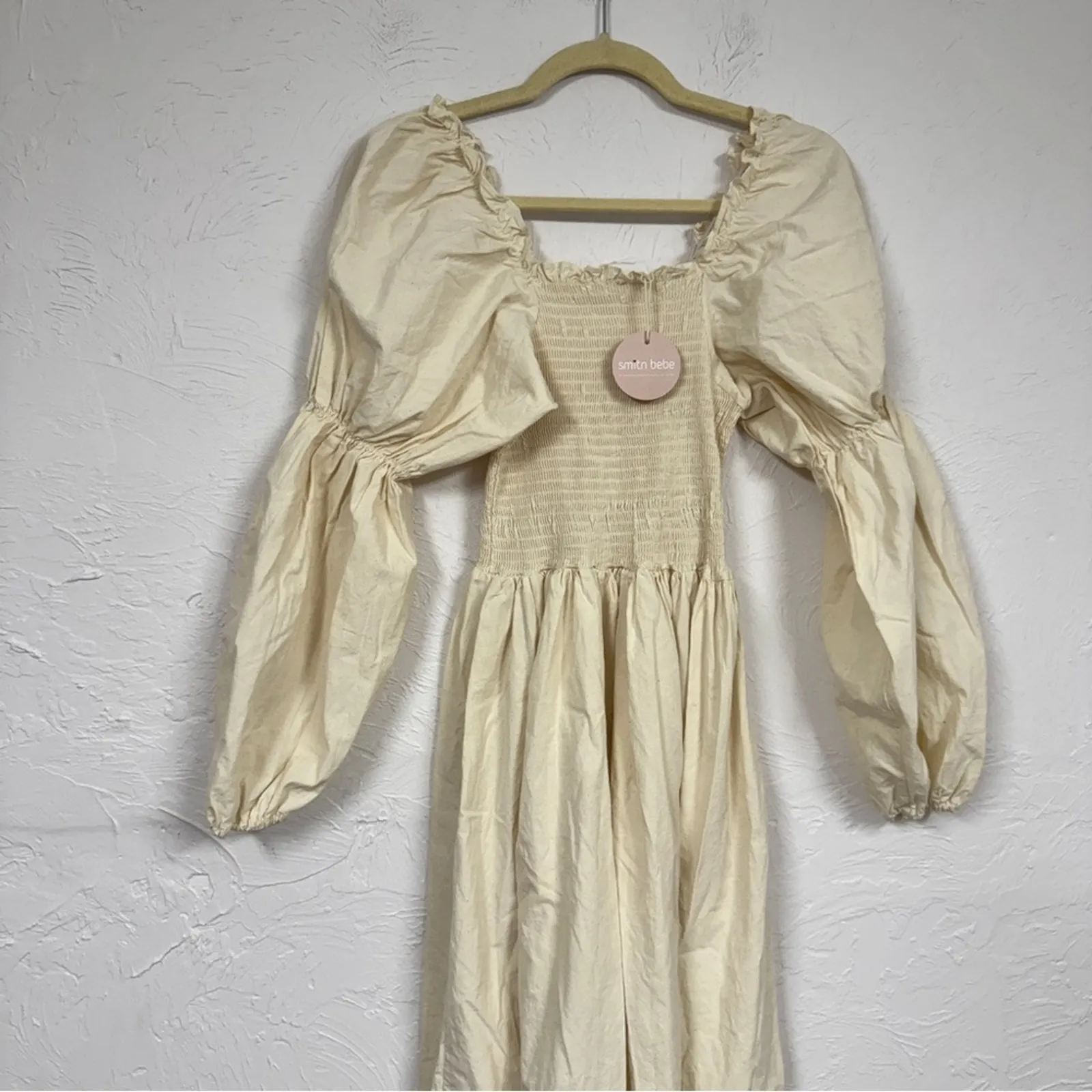 Monbebe Mom Daisy Beige Cotton Midi Dress Womens XS Cottage Core Prairie Minimal - Image 5