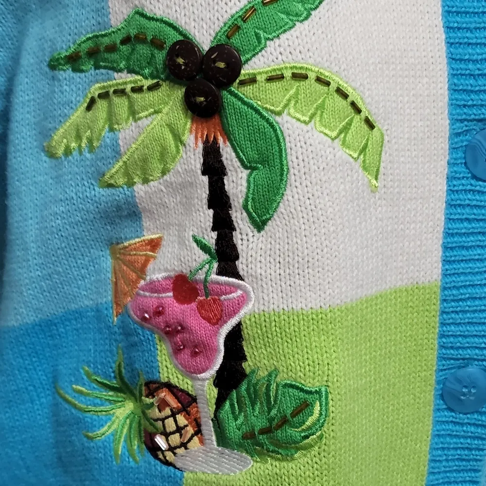 Breckenridge turquiose neon checkerboard embroidered cardigan size lp - Image 3