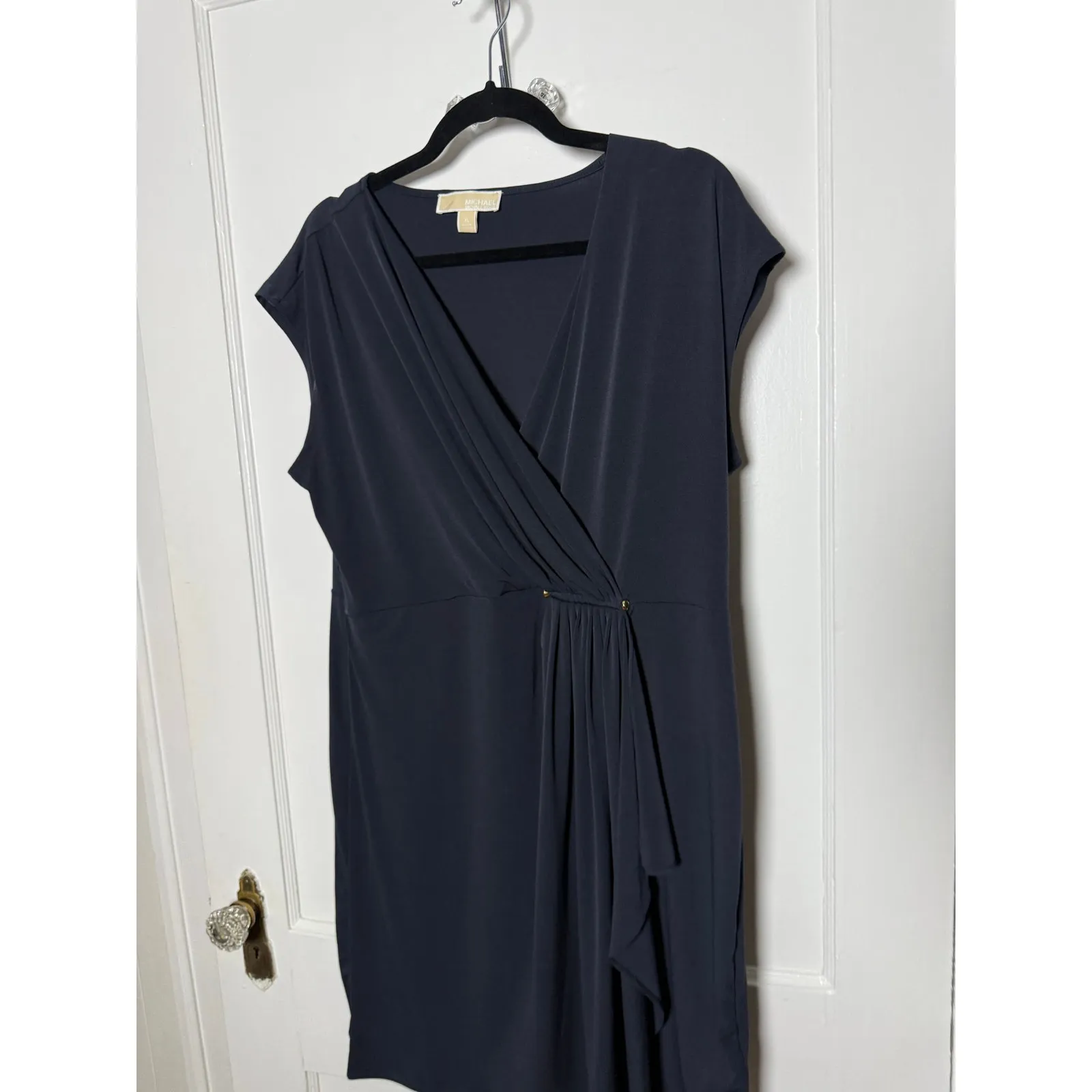 Michael Kors Navy Blue Faux Wrap Slinky Cap Sleeve Stretch Dress Women's XL - Image 2