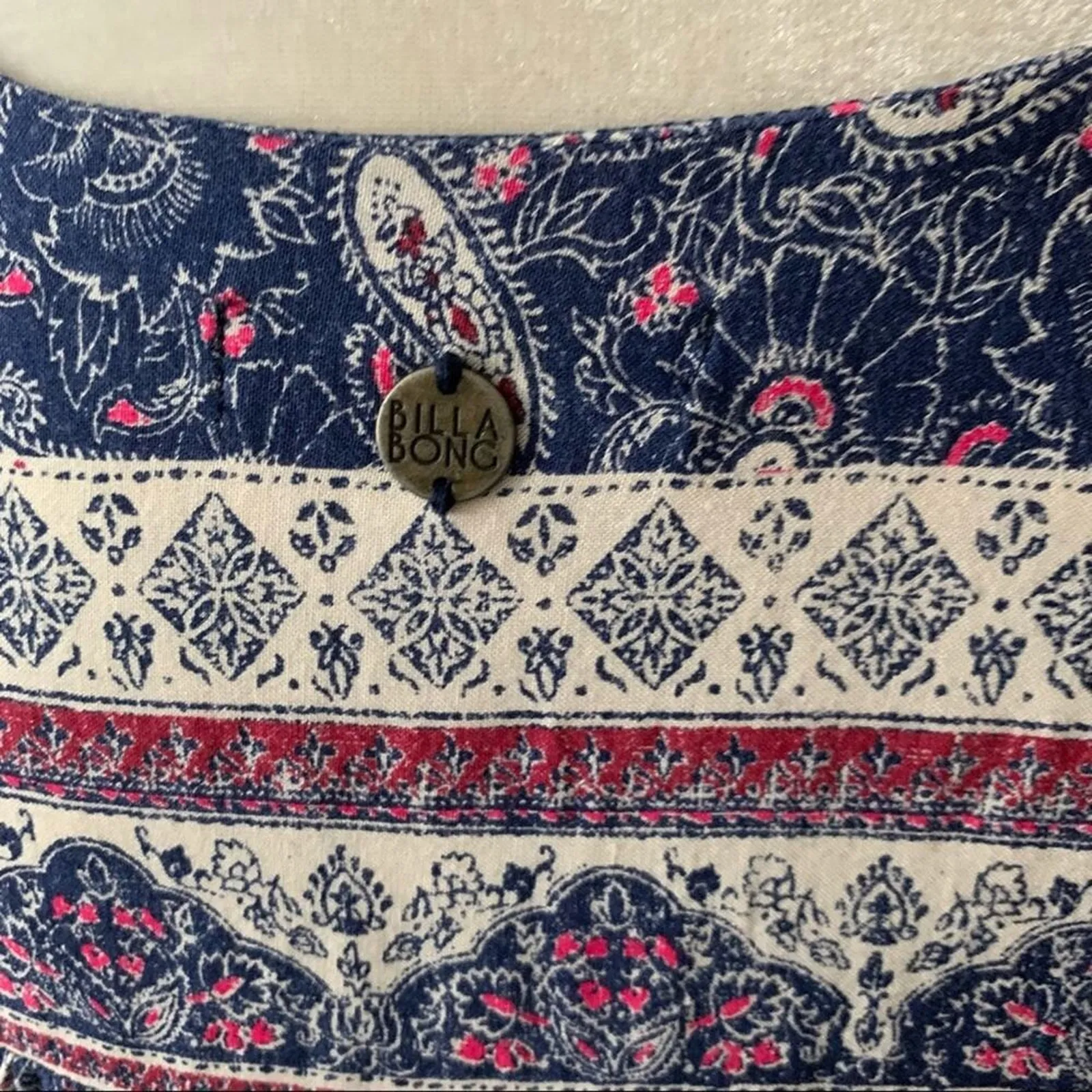 Billabong Long Sleeve Tunic Top Boho Paisley Print Size M Blue Red Tassels - Image 6