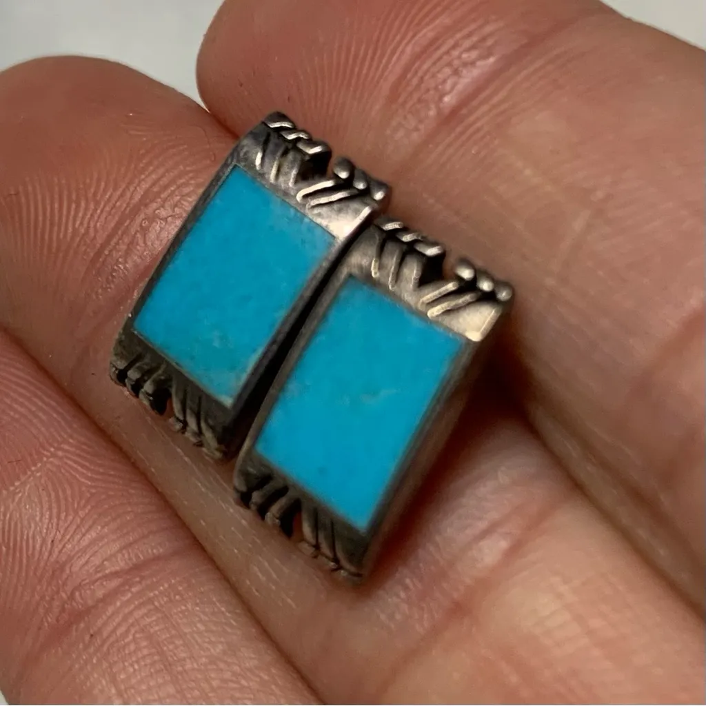 Sterling Silver Turquoise Inlay Stud Earrings Navajo Signed VM Rectangle 925 - Image 5