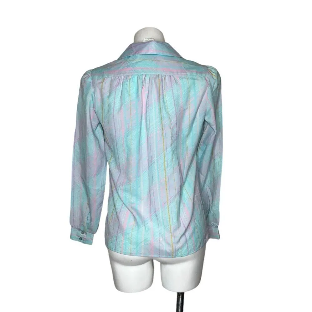 PYKETTES 70s Shirt Secretary Blouse Blue Pink Polyester Button Up VINTAGE Size 6 - Image 2