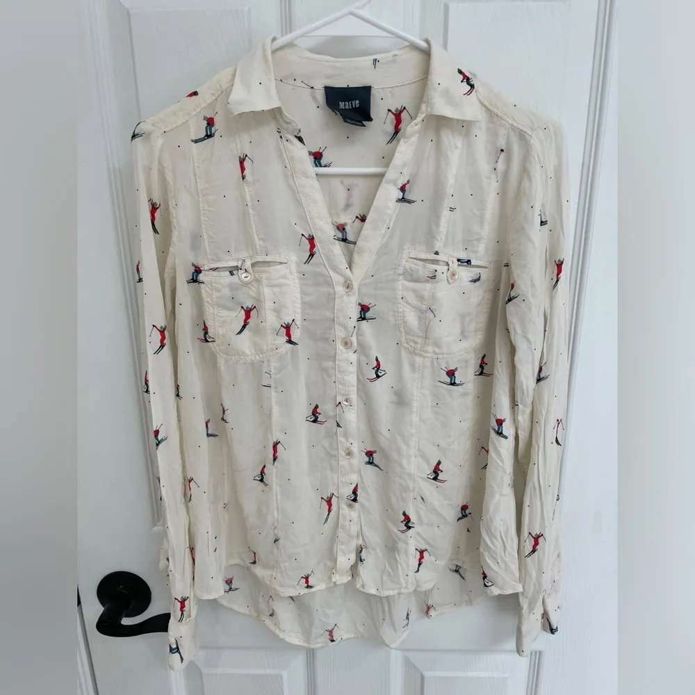 Maeve Anthropologie Skiers Pattern Off White Button Down Collared Shirt Size 0 - Image 2