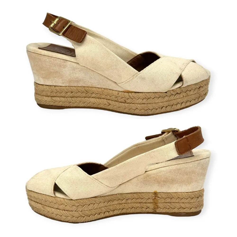 Tory Burch | Sz 6 | Cross-Front Canvas Low-Wedge Espadrille Leather Strap Sandal - Image 6