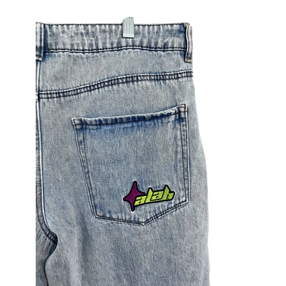 ALAB Skull Rave Jeans Ultra Wide Leg Embroidered Denim Pants Size 10 Y2K Blue - Image 7