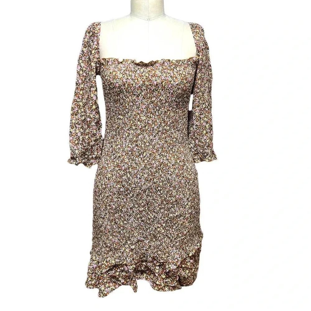 Faithfull The Brand Es‎ Saada Floral Smocked Dress Brown Pink Size 2 - Image 3