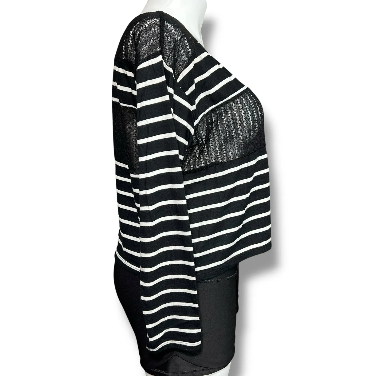 Weavers Womens Crop Top Long Sleeve TShirt Stripes Sheer Fish Net Black White XL - Image 2