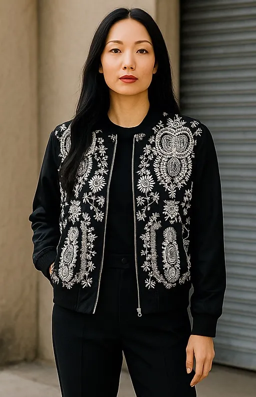Society Girl Embroidered Mesh Chiffon Full Zip Front Bomber Jacket Lace Boho - Image 1