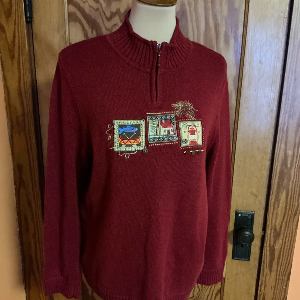 Y2K Kitschy Embroidered Sweater Cottagecore Cabin Lantern Fish Motif Zip Neck Size L - Image 8