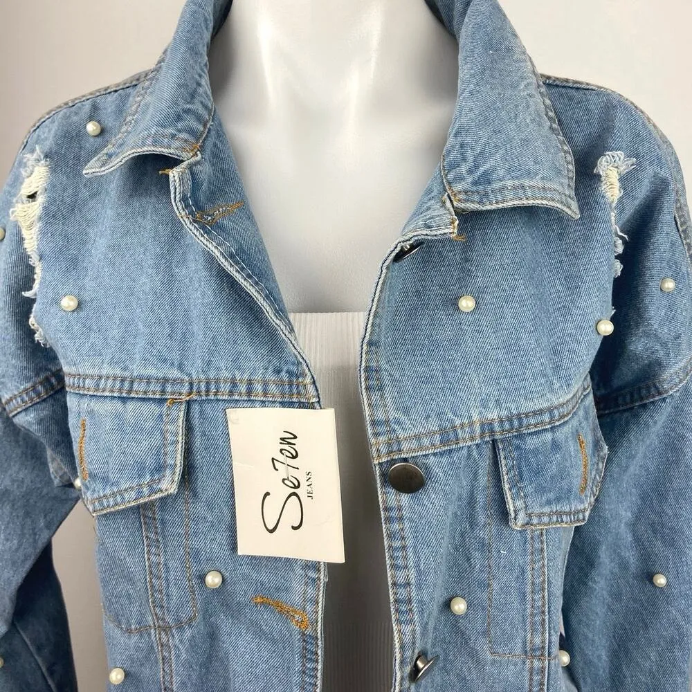 Seven7 NWT Blue Denim Pearl Button Front Distressed Long Sleeve Jean Jacket Sz M - Image 4