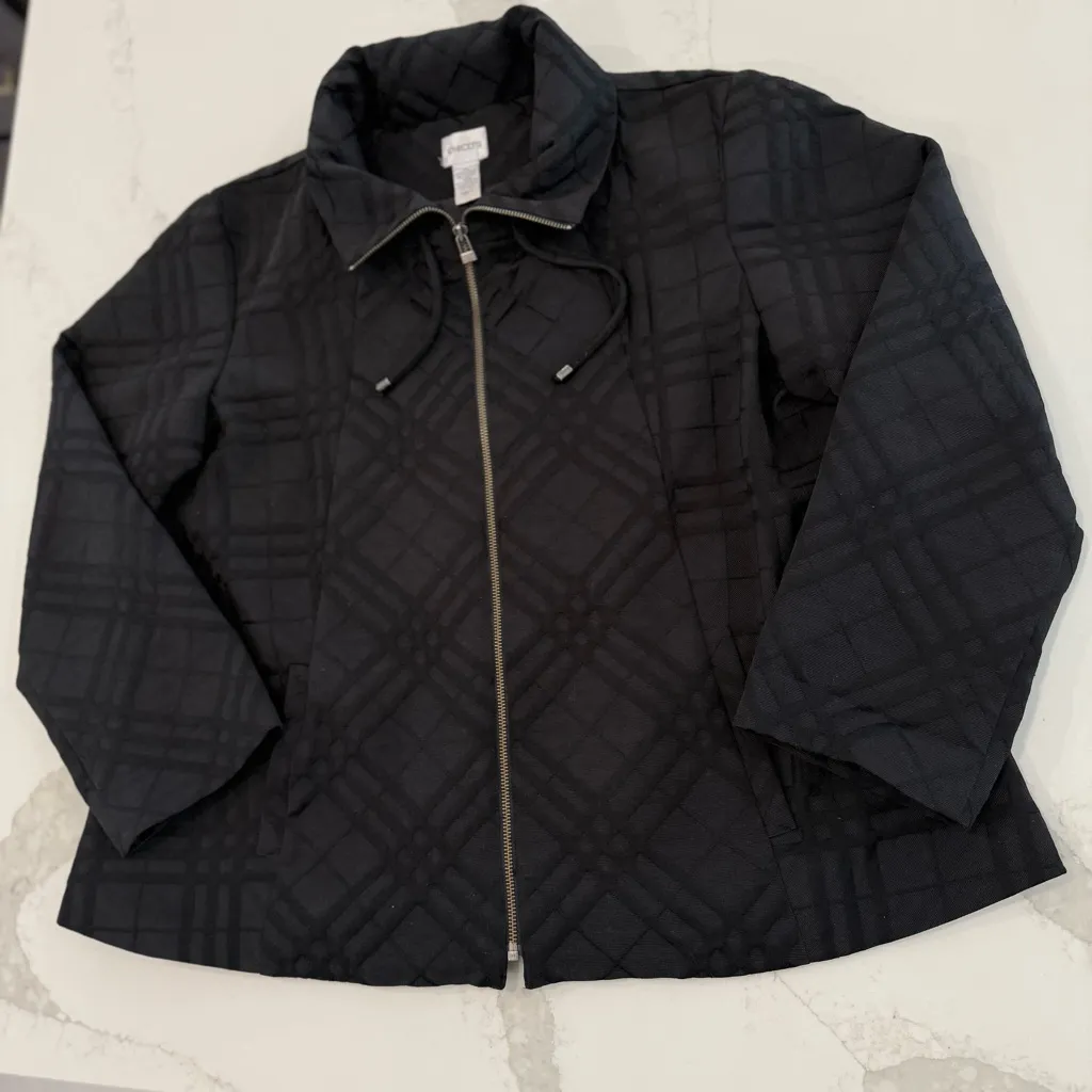 Chico's Full Zip Pleated Back Blazer Coat Women’s XL Black Pattern Classic Work - Image 2