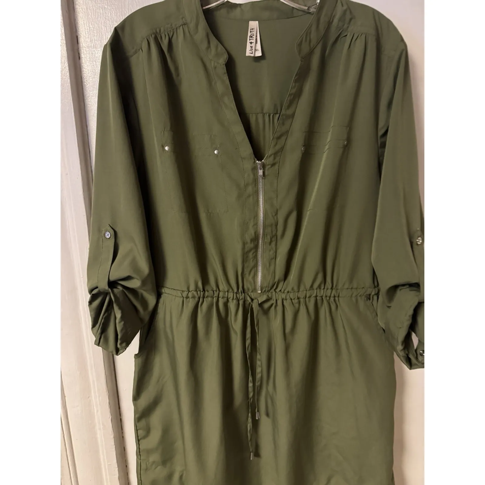 Live 4 Truth Women's Olive Green Size XL Rolled Sleeve Pull Tie Waist Mini Dress - Image 2