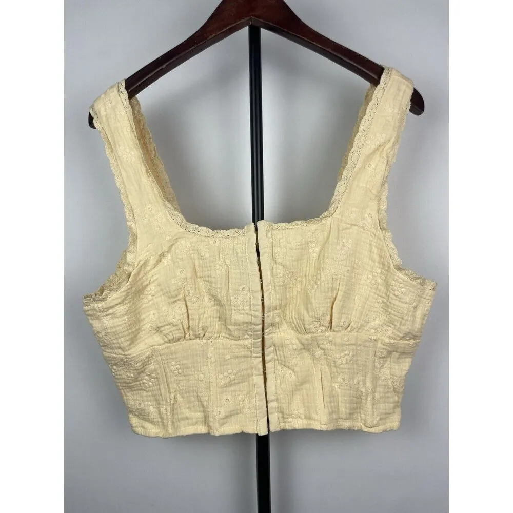 Forever 21 Soft Yellow Gauze Peasant Corset Floral Crop Tank Blouse Size‎ L - Image 3