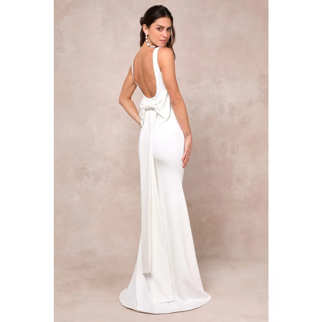 NWT Lulus Loving Fate White Bow Square Neck Backless Maxi Dress Wedding Bride M - Image 2