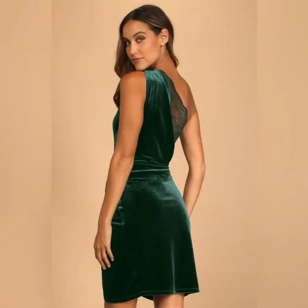Lulus All The Luxe One Shoulder Green Velvet Lace Mini Tulip Dress Womens XS‎ - Image 2