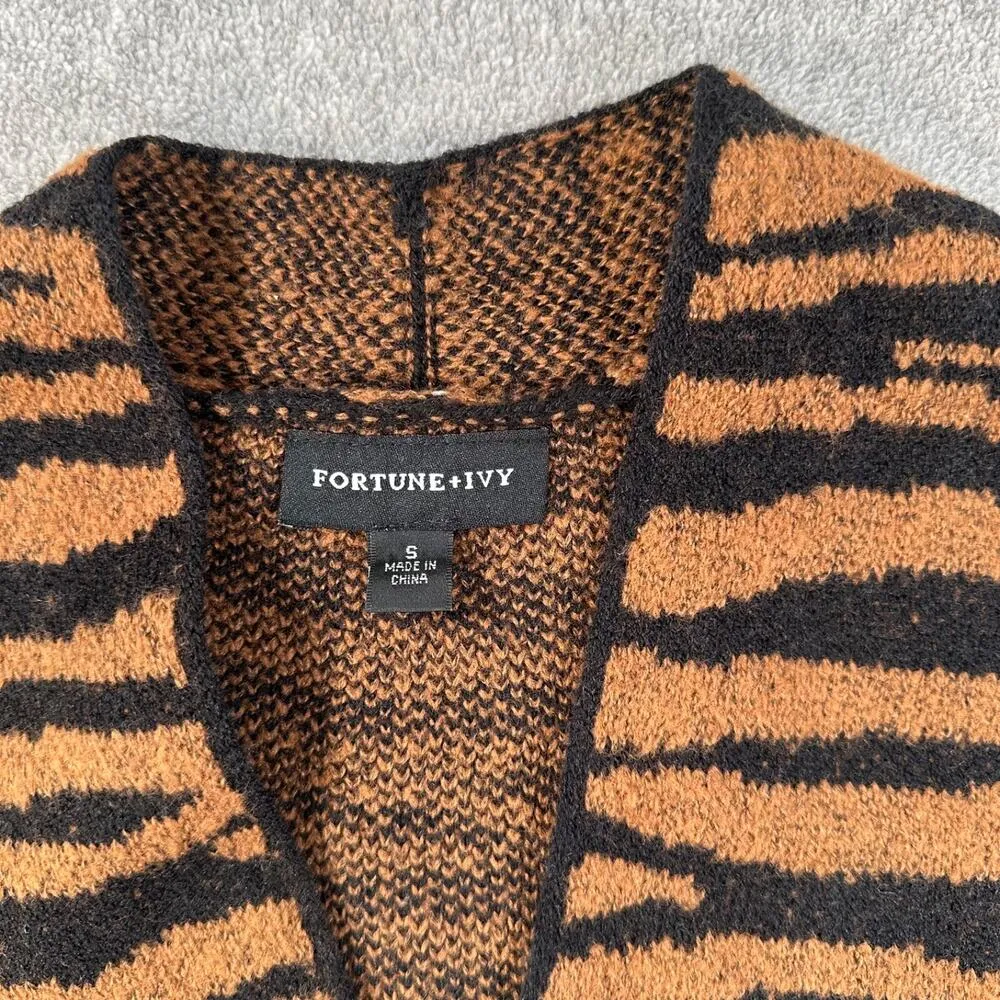 Fortune + Ivy Tiger Knit Open Front Cardigan Women’s Small Brown Black Pockets - Image 3