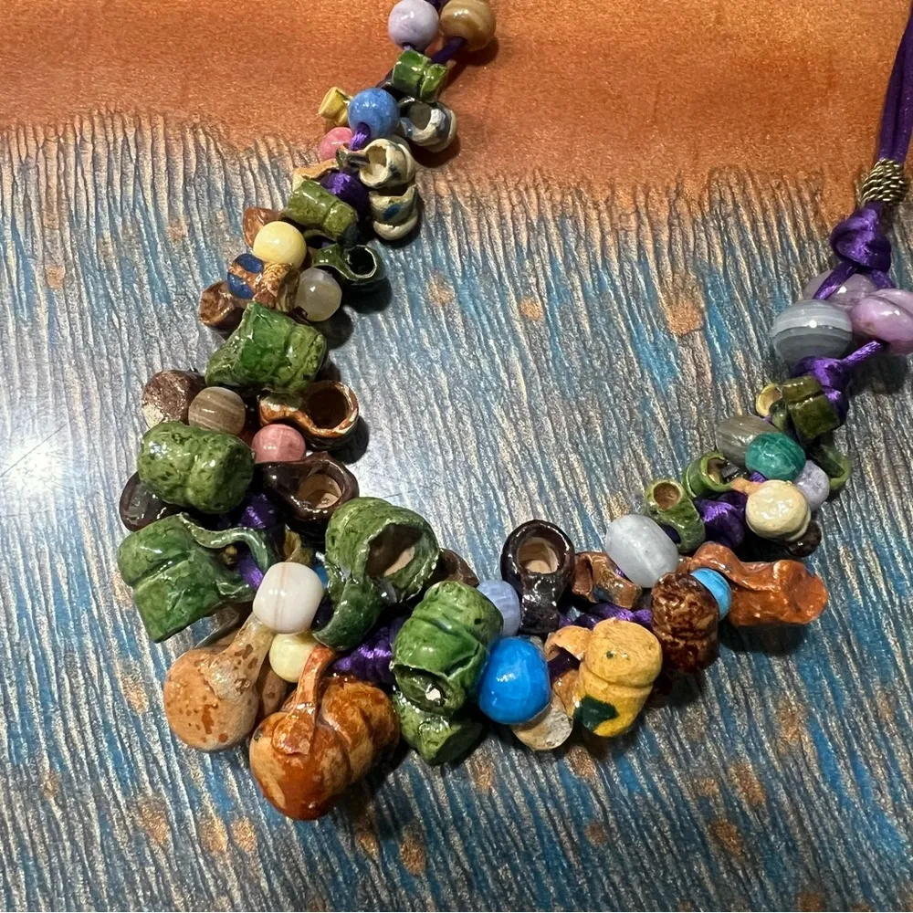 Vintage Mexican Folkart Mini Ceramic mug cup Necklace multicolor Purple - Image 6