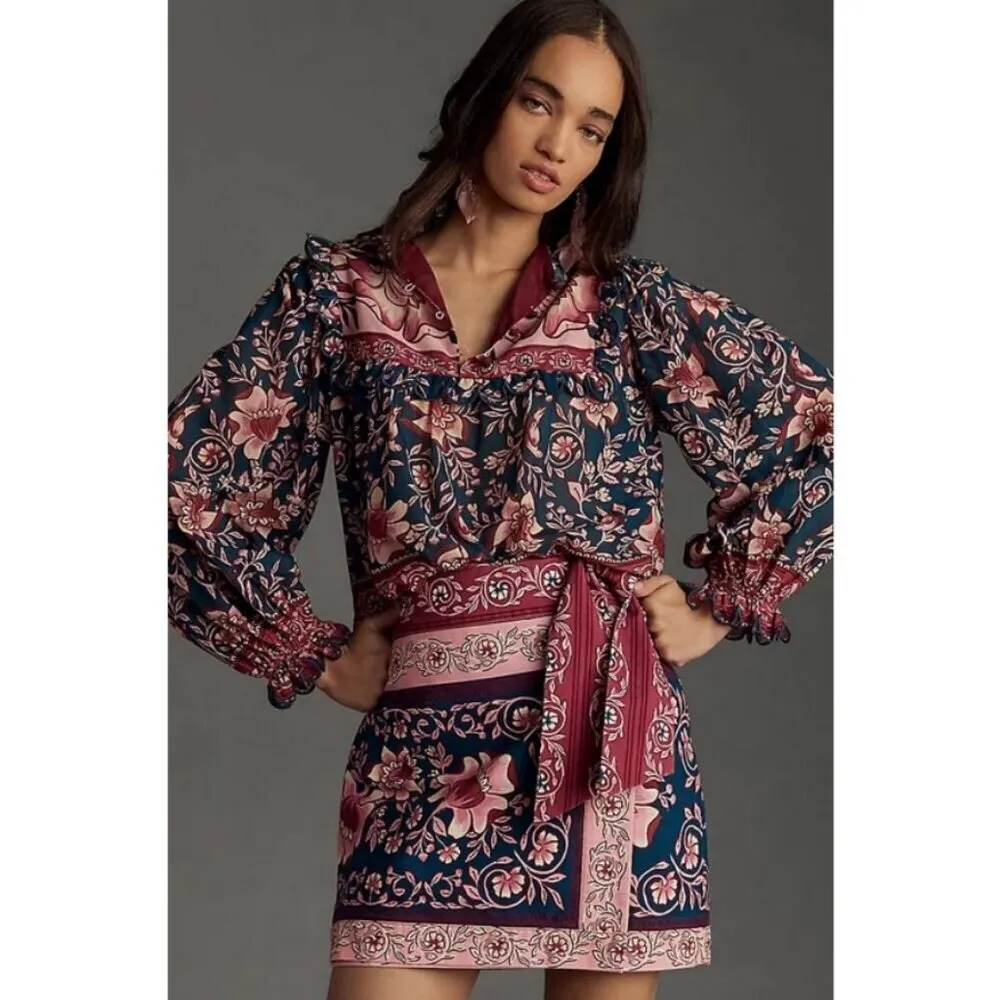 💕FARM RIO💕 Teal Ainika Charm Long Sleeve Blouse Tropical Floral Print XXS NWT - Image 2