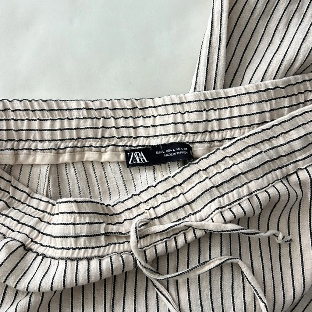 ZARA Drawstring Stripe Linen Cotton Wide Leg Pants Pockets Size L $79 - Image 6