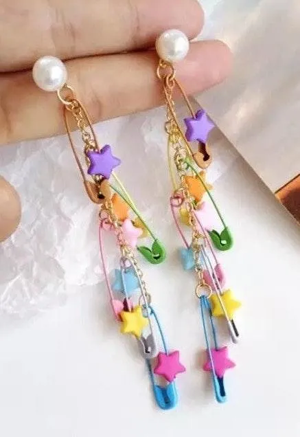 Colorful Stars Pins Pearl Stud Drop Earrings - Image 2