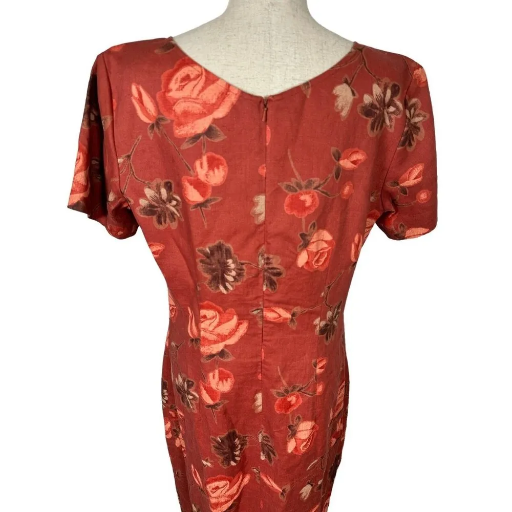 Vintage Coldwater Creek Dress 10 Linen Floral Women Zip Short Sleeve Rose Orange - Image 3
