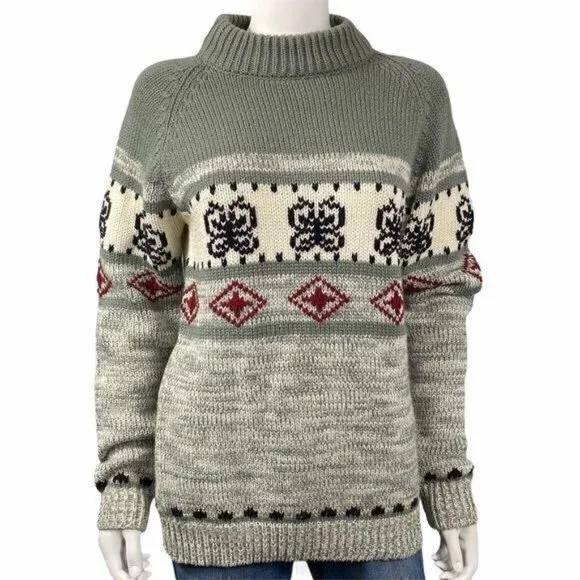 Vintage Fair Isle Knit Sweater Gray Maroon Nordic Alpine Ski Lodge Winter Size M Black Size M - Image 2