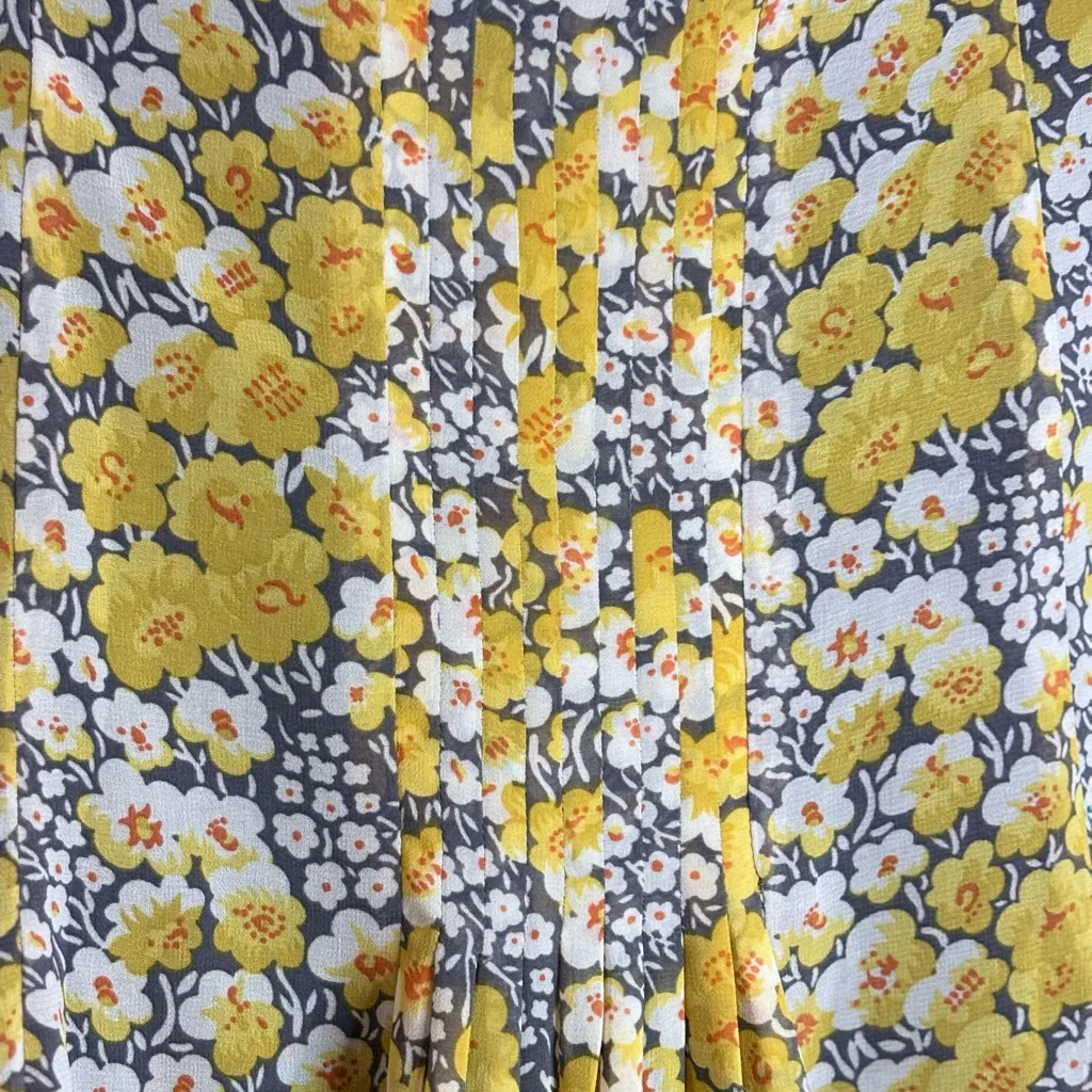 Zara Silk Skirt Floral Yellow Gray Small Pleated Lined Zip tulip - Image 4