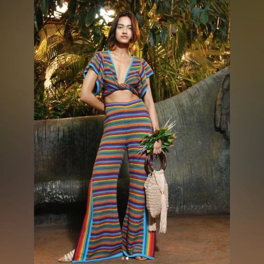 All Things Mochi NWT Knit Strappy Tank Top Rainbow Stripe Tassels Boho Festival Blue - Image 7