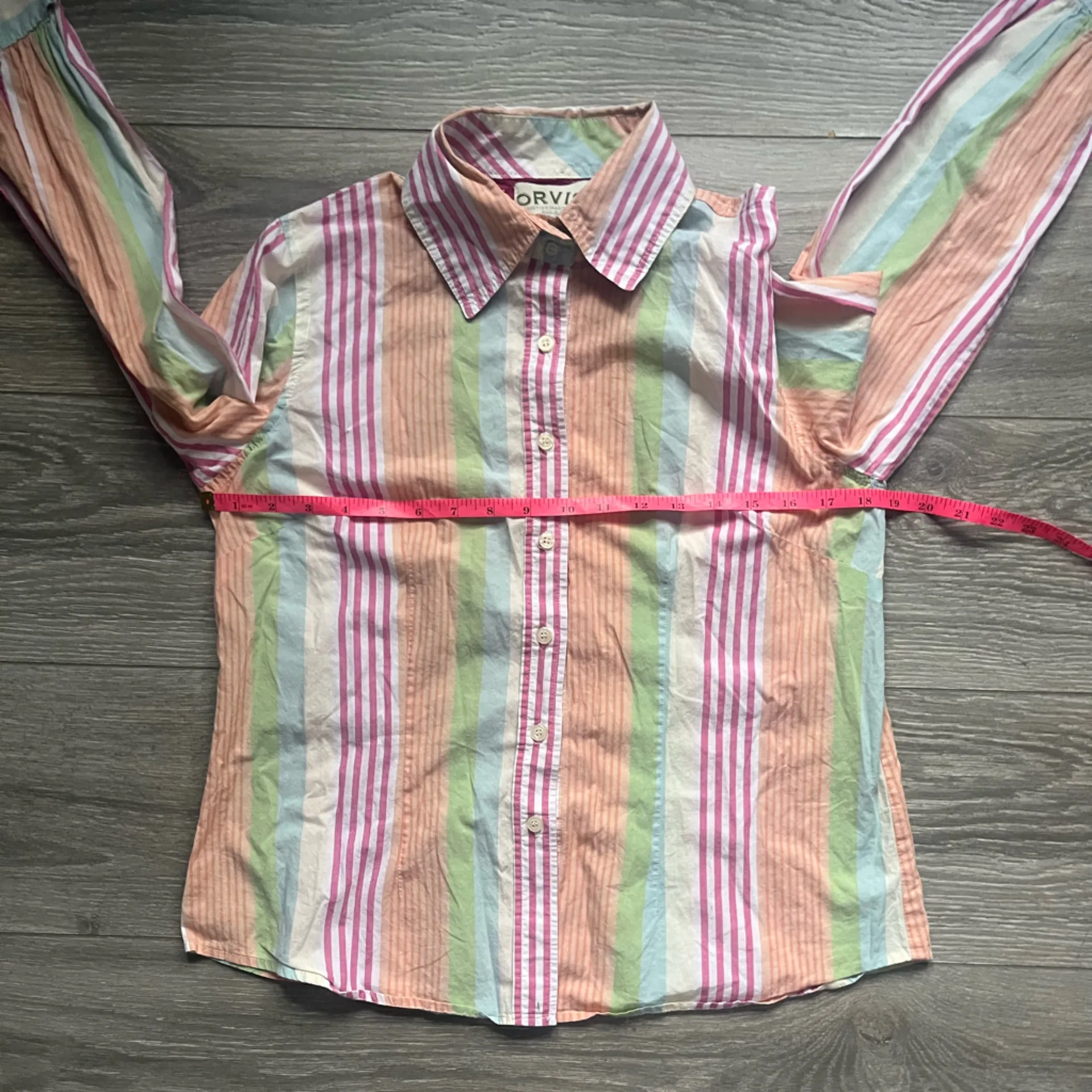 Orvis Pink Orange Pastel Easter Vertical Stripe Long Sleeve Button Down Size M - Image 6