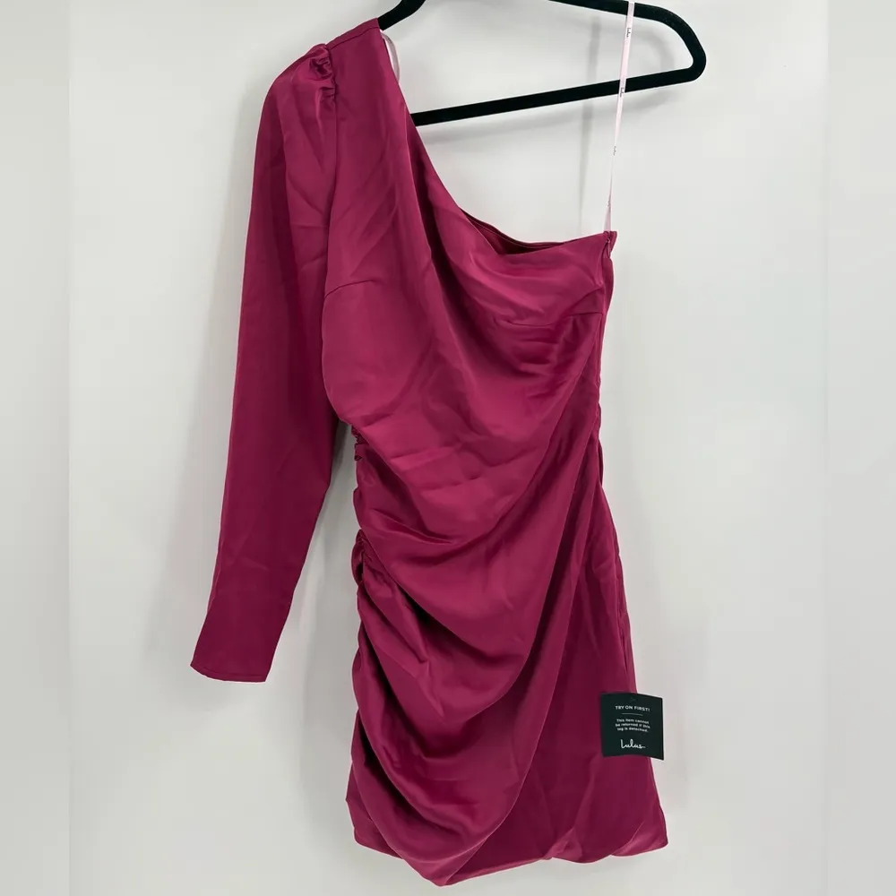 Lulus Happy Hour Chic Magenta Satin Ruched One-Shoulder Mini Dress size small - Image 2