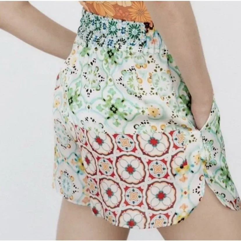 ZARA Printed Satin Shorts • Size S • Patchwork Boho Tile Print • Lightweight Sum - Image 2