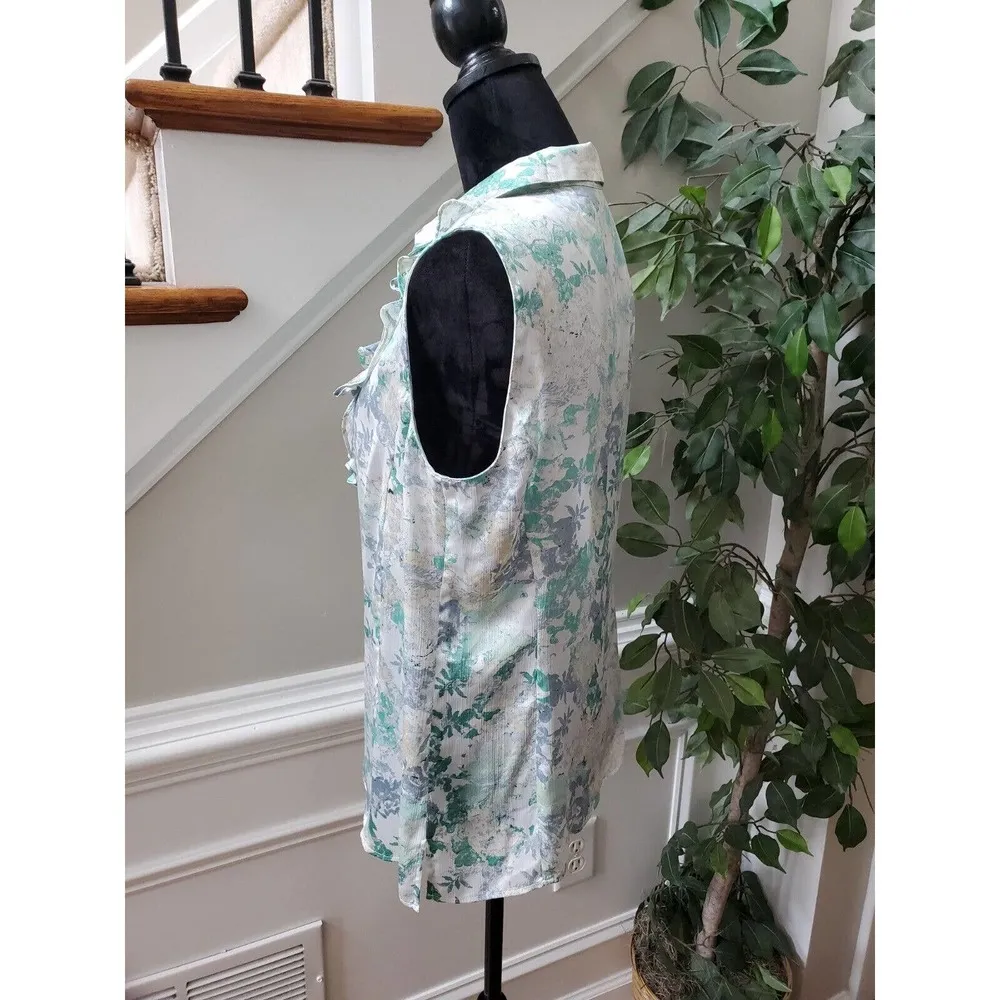 Tahari Women's White & Green Polyester Collared Sleeveless Button Down Shirt M - Image 6