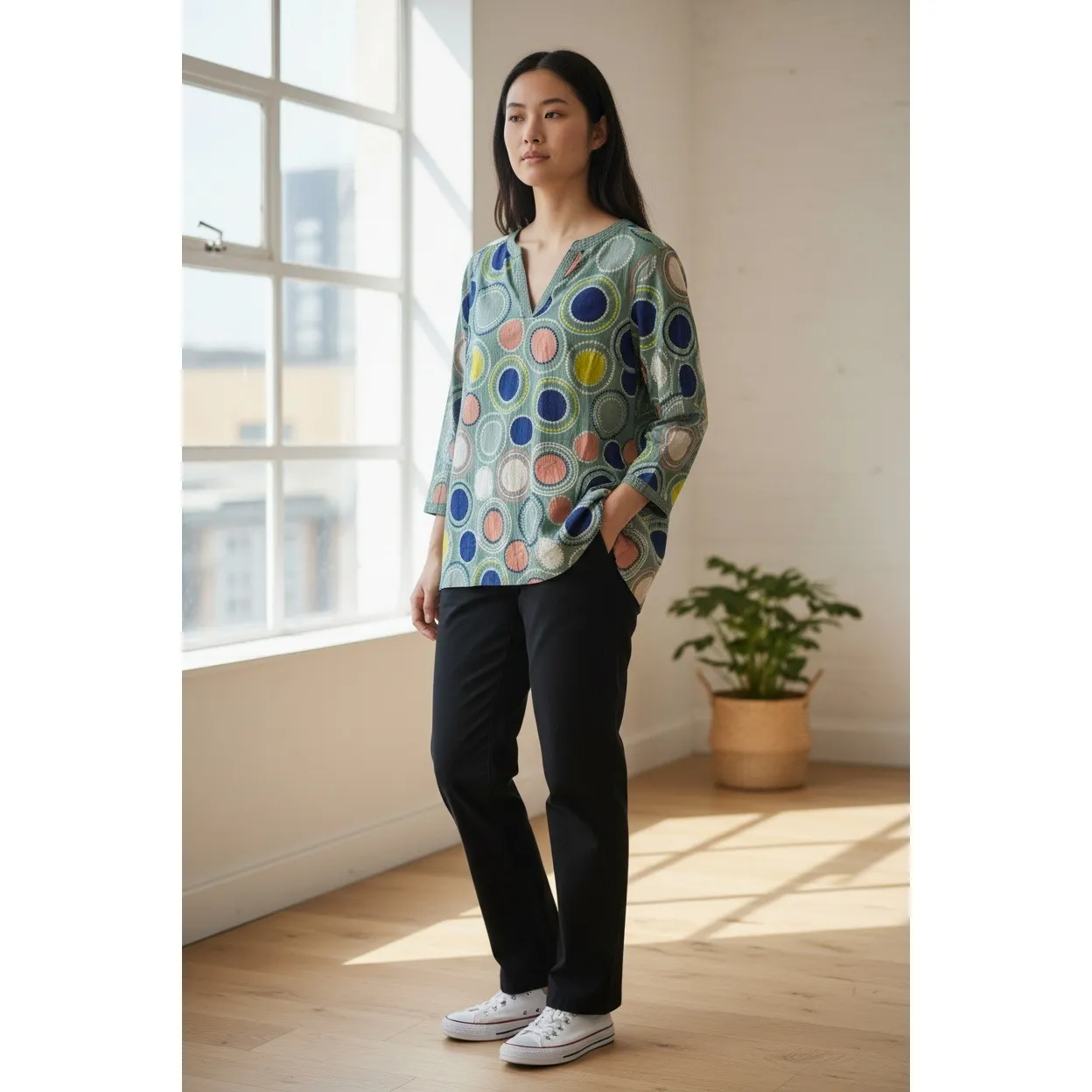 Boden Women's Tunic Top 3/4 Sleeve Green Circle Print V Neck UK 12 US 8 - Image 2